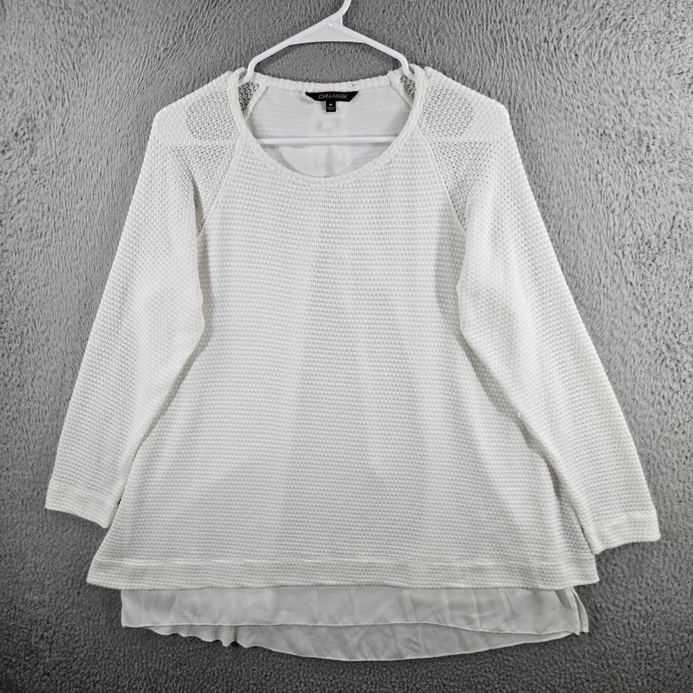 John Mark Womens White Textured Knit Lace Up Back Layered Hem Sweater Size M